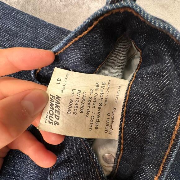 Naked & Famous Dark Blue Button-Fly “Super Skinny Guy”Selvedge Denim Jeans 31 - Picture 5 of 8